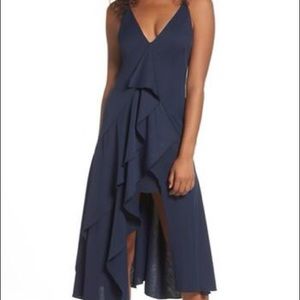 NWT c/Meo Navy asymmetrical navy ruffle dress